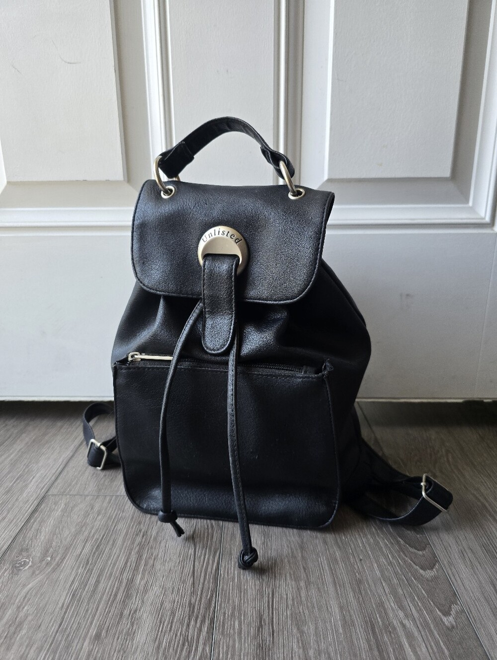 Unlisted Kenneth Cole Black Mini Backpack Faux Leather Drawstring Flap Purse